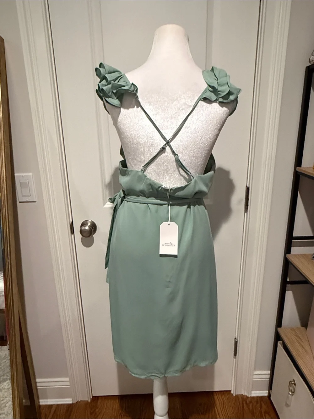 Sage Green Tie-Waist Midi Wrap Dress with Ruffle Shoulders NWT